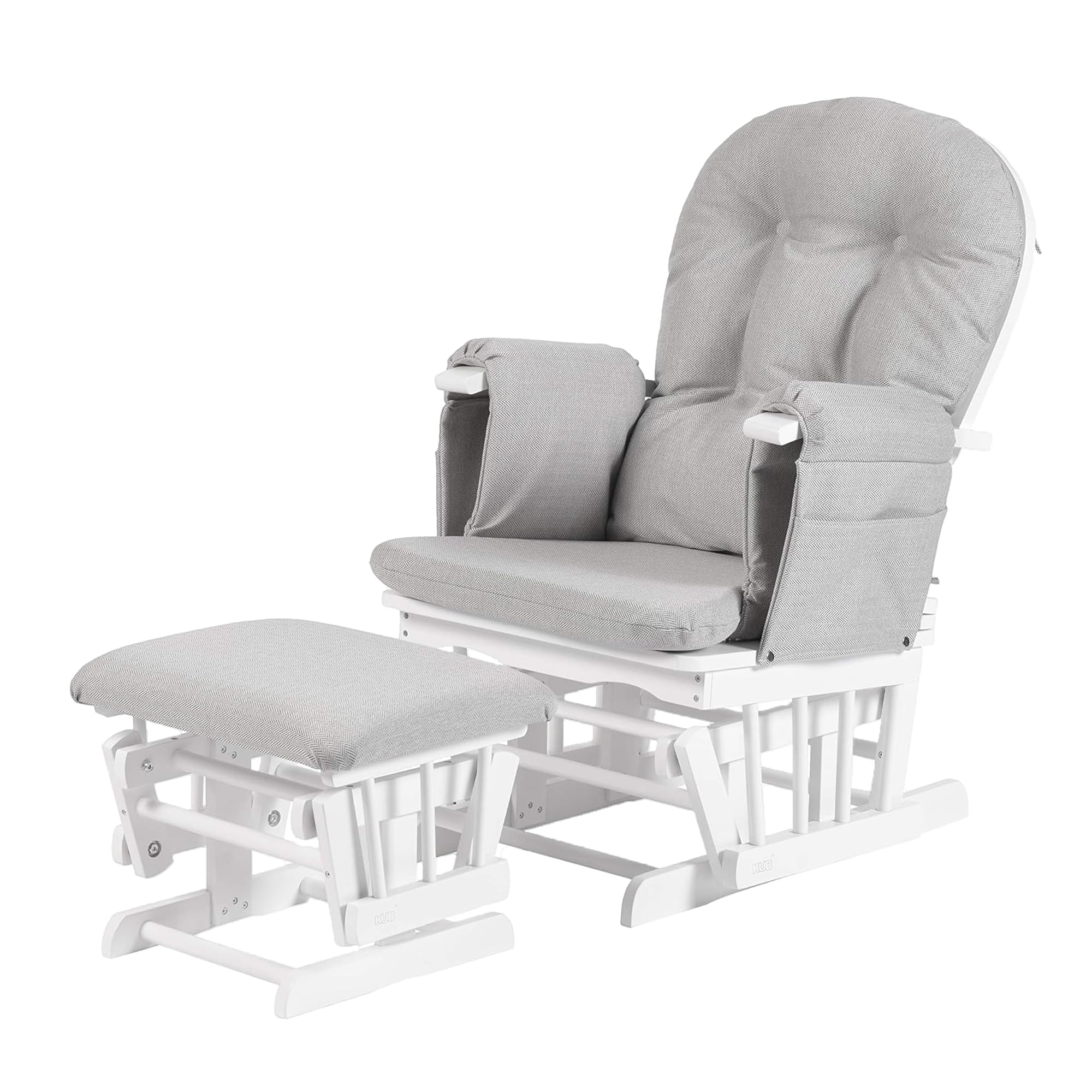 KUB Haywood Reclining Glider Nursing Chair with Footstool - Premium Breastfeeding Chair for Nursery Room | 7 Recline Positions | Storage Pockets | Safety Certified (White and Grey Chevron)