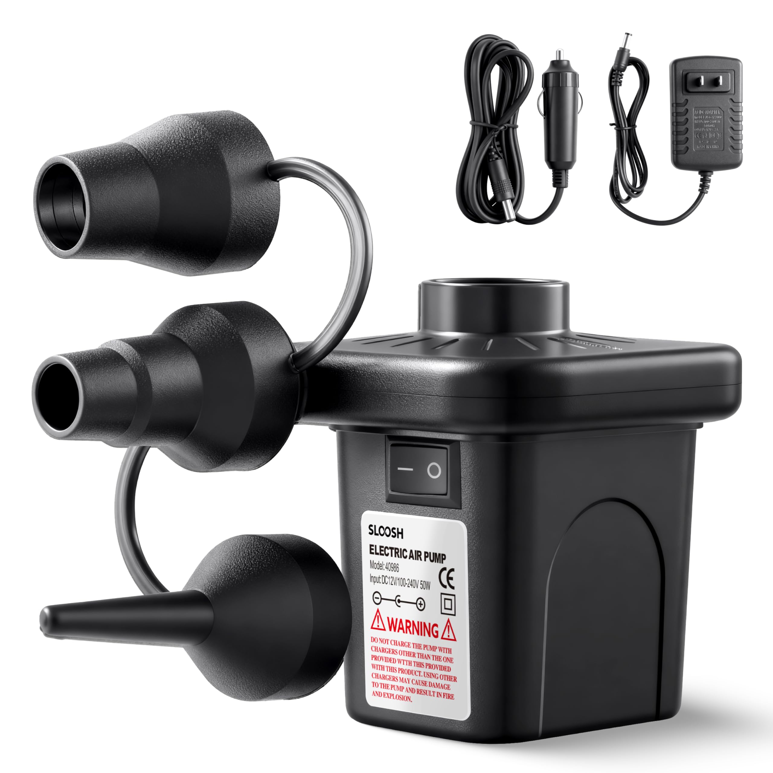 SLOOSH Electric Air Pump for Inflatables, Quick-Fill Inflator Deflator with 3 Nozzles, Portable Air Mattress Pump for Beds, Pool Floats, Swimming Rings,Outdoor Camping Inflatable, AC/DC Adaptors