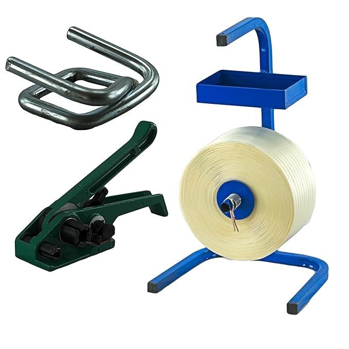 19 mm Textil Umreifung Set besteht aus Umreifungsband Abroller Bandspanner und Klemmen