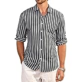 Esabel.C Men's Linen Casual Button Down Shirts Long Sleeve Striped Cotton Regular Fit Beach Wedding Shirts