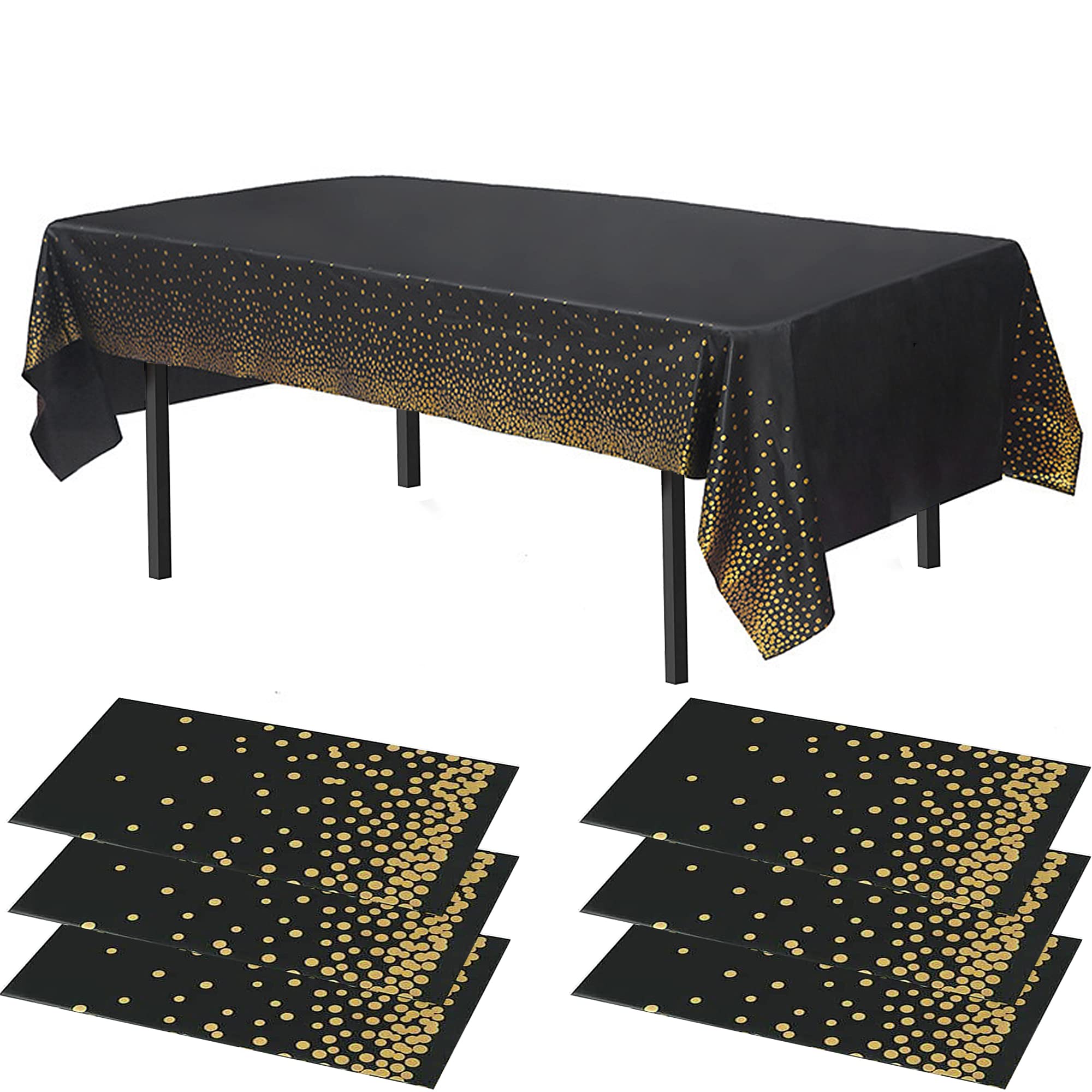 Time to Sparkle 6 Pack Plastic Tablecloths 54" x 108" Plastic Dining Table Cloth Premium Rectangle Table Cover for Parties Wedding Banquet etc Indoor Or Outdoor(Black Gold)