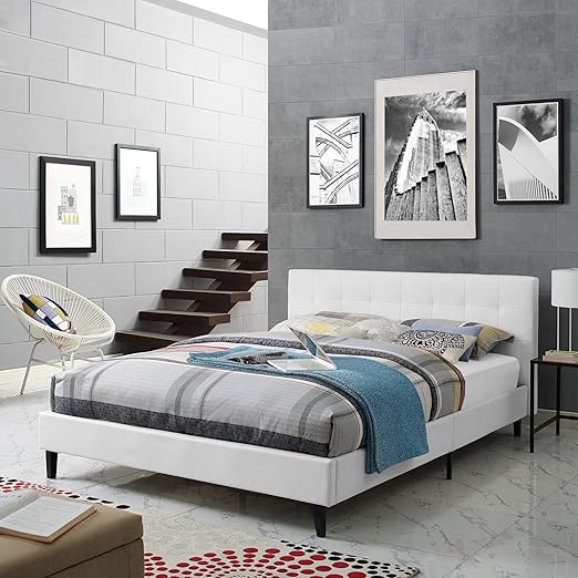 Amazon Com Modern Contemporary Urban Design Bedroom Queen Size Platform Bed Frame White Faux Leather Wood Kitchen Dining