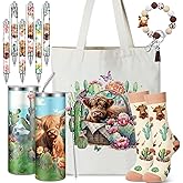Skylety 5 Pcs Highland Cow Gifts Set for Women 20 oz Tumbler Floral Canvas Bag Pen Socks Silicone Keychain for Mom Sister Cow Lover Cute Christmas Birthday Gifts(Cactus)