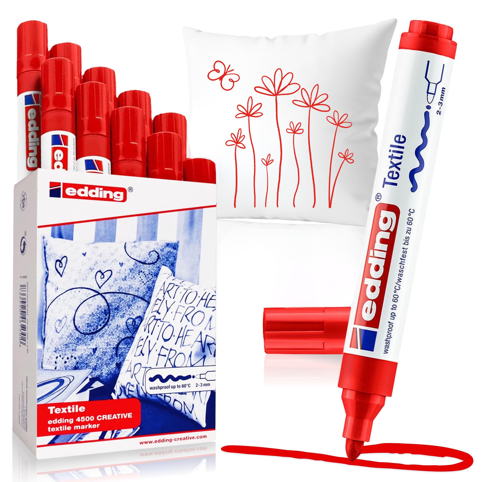 edding 4500 textile marker - red - box of 10 - round nib 2-3 mm - permanent fabric markers for drawing on textiles, wash-resistant up to 60 °C - marker pens for fabric lettering