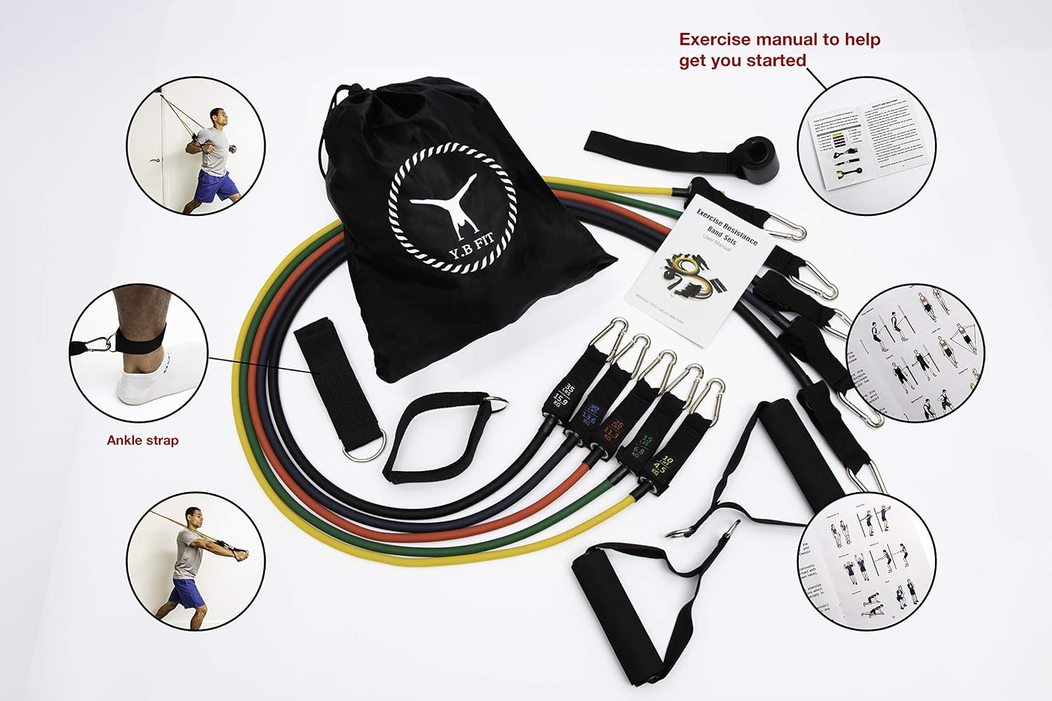 Y.B Fit Resistance Bands 12 pcs Set, Includes Handles, Ankle Straps, Door Anchor, Carry Bag & Training Accessories - Image 4