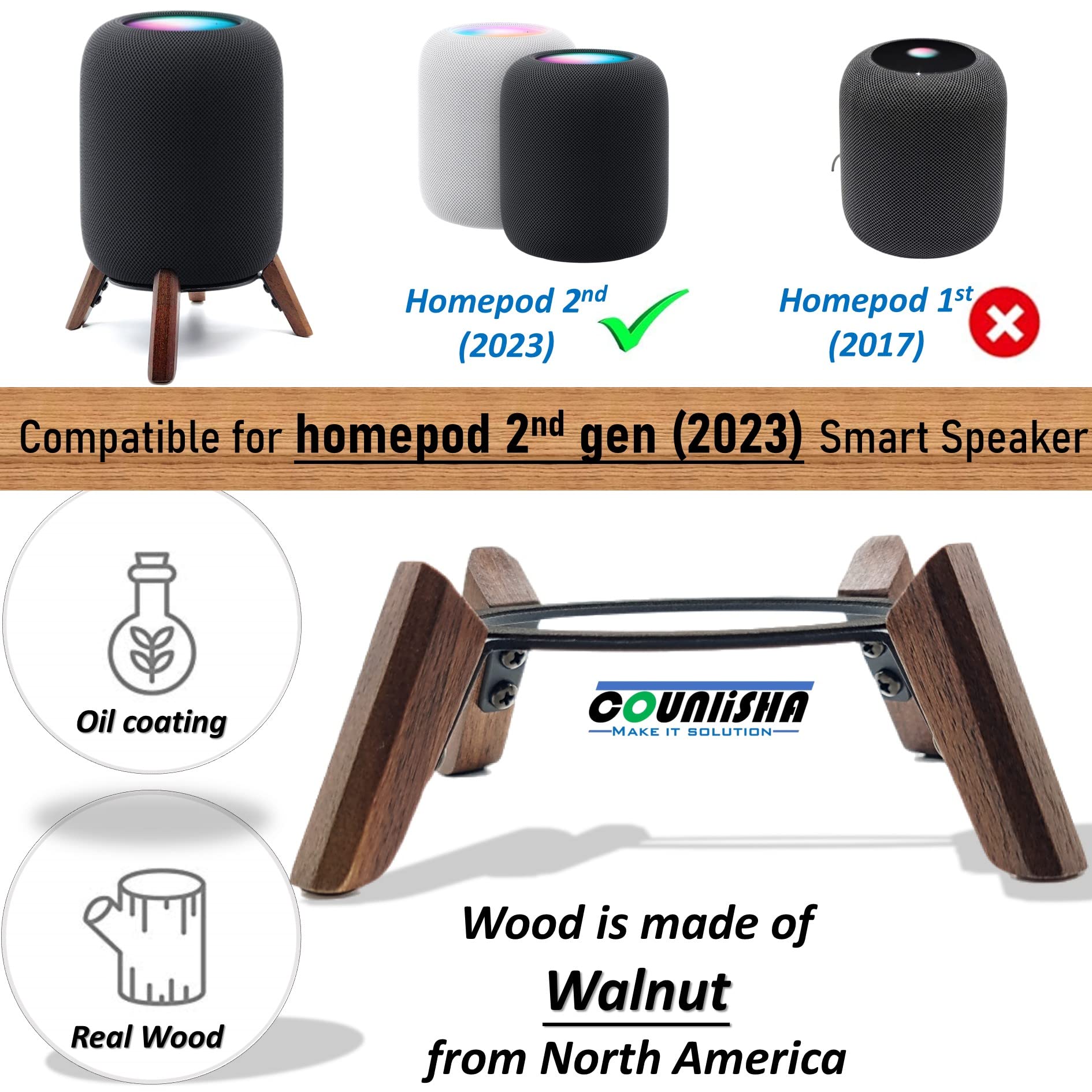Real Wood Stand for Homepod 2nd gen (2023 Released), Wooden Holder with Metal Frame for Better Sound,Sturdy Stable Mount with Anti-Slip Protects Apple Home pod 2nd Smart Speaker (Walnut)