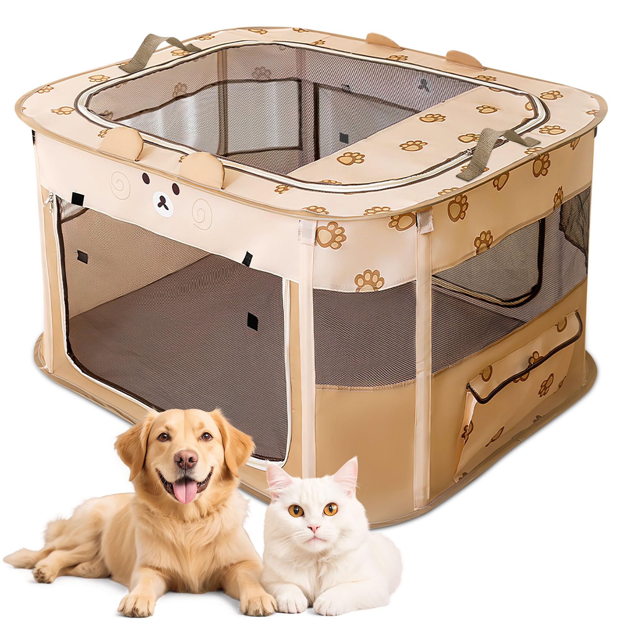 ALLSOPETS Cat Playpen for Dog, Foldable Pet Play Pen for Indoor Outdoor Use, Portable Dog Cat Crate Tent for Puppies Kittens, Pop-Up Pet Cage for Travel Camping (Brown Bear, XL)