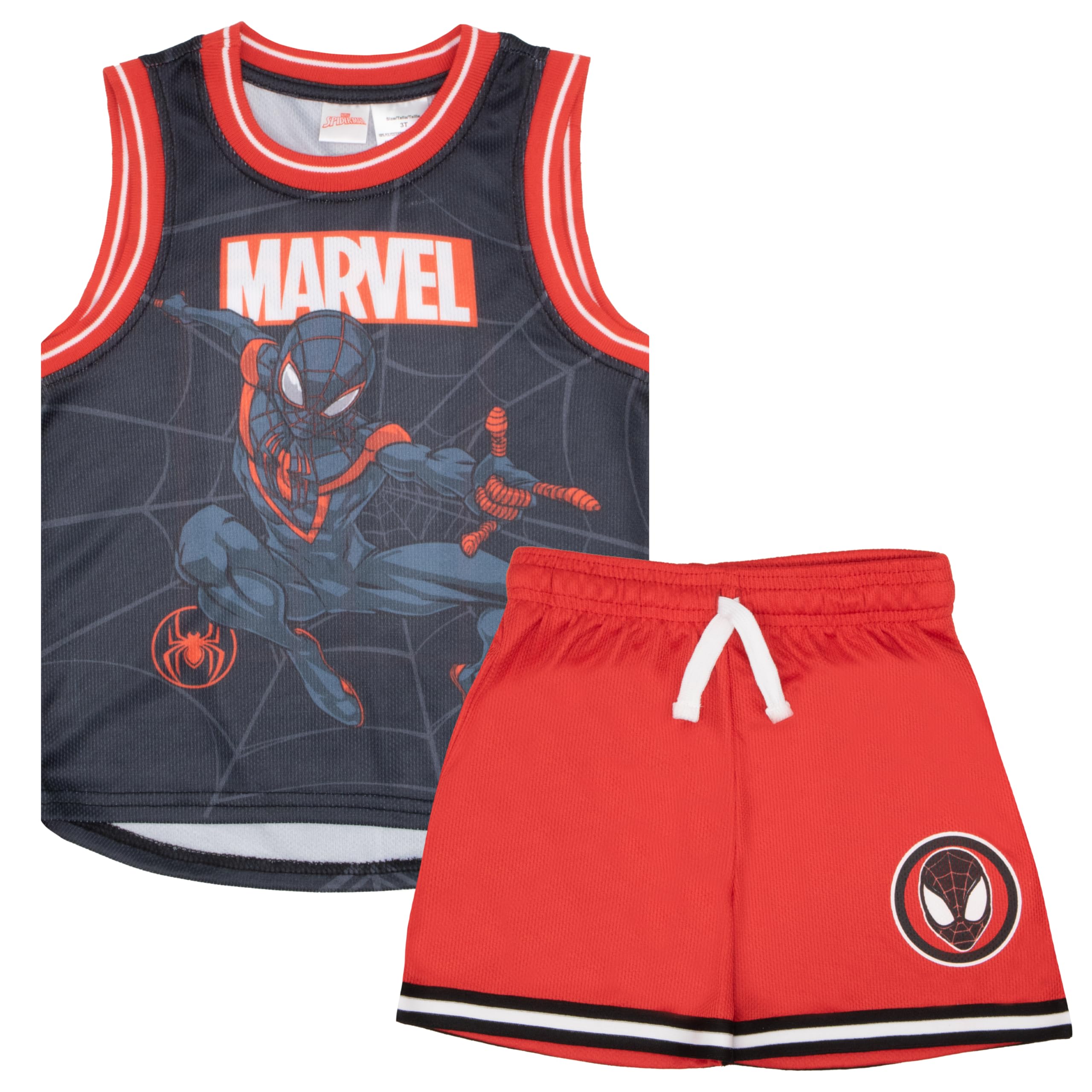 Photo 1 of Marvel Spider-Man Boys Basketball Jersey & Shorts Matching Set, Miles Morales 2-Piece Superhero Sports Outfit for Kids (Size 5/6, Black/Red)
