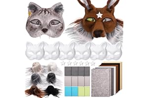 OPPKIE Cat Fox Therian Masks 42PCS with Felt Furs Eye Meshes and Stars, Costume Furry Masks to Paint, Animal Mask Arts Crafts Kit, Dress Up DIY for Halloween Christmas Cosplay Party Interaction