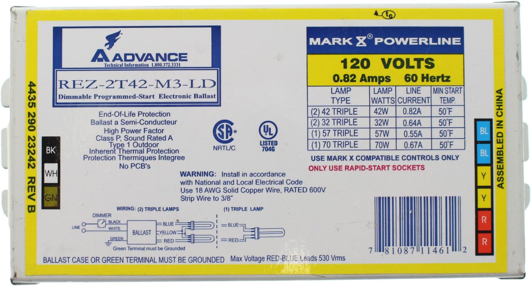 Advance REZ-2T42-M3-LD Dimmable CFL Ballast, 2-Lamp, 42W Triple, 120V
