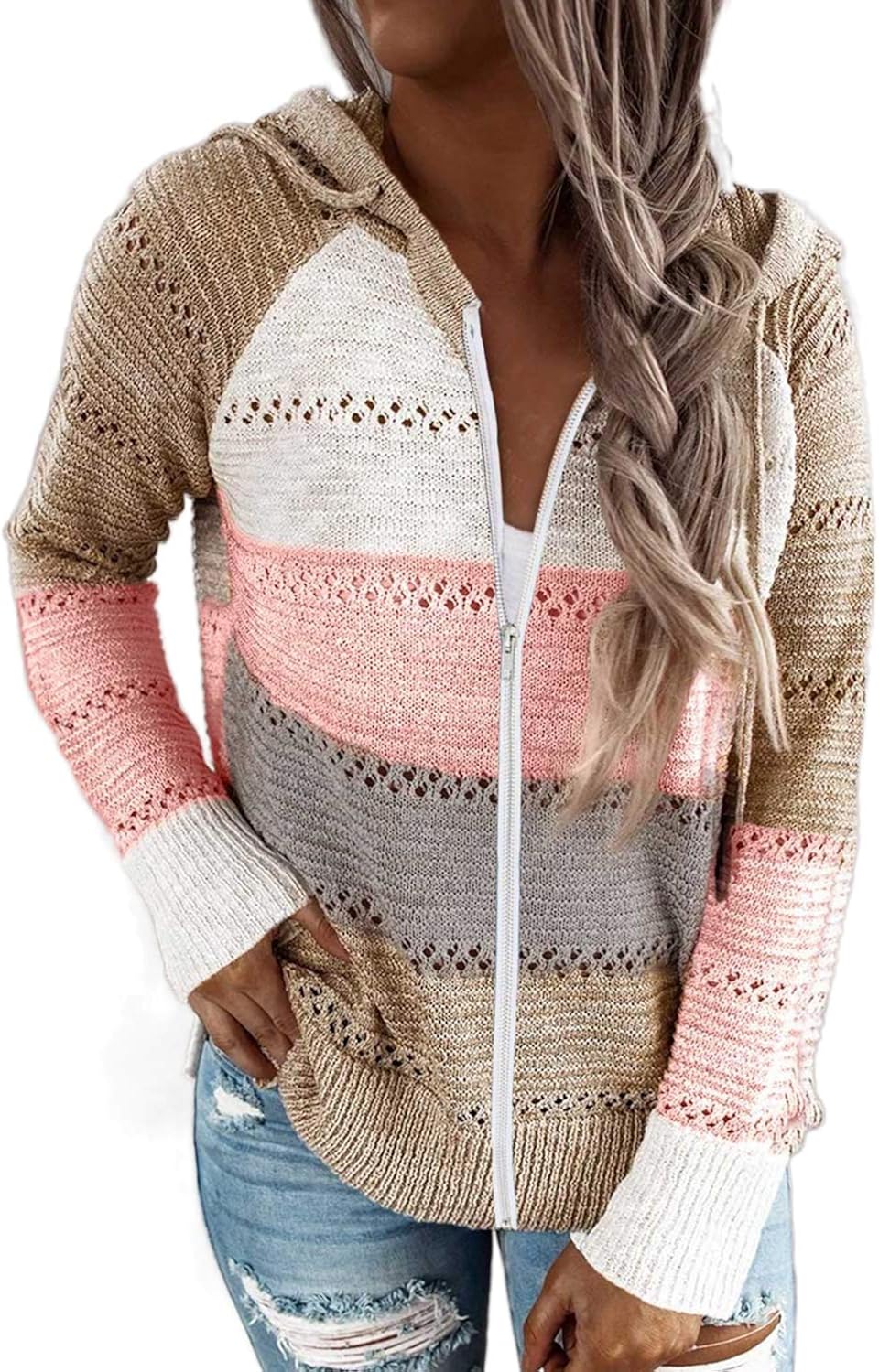 S-XXL Aleumdr Womens Color Block Zip-up Hoodies Loose Knit Long Sleeve Sweatshirts Tops Shops 