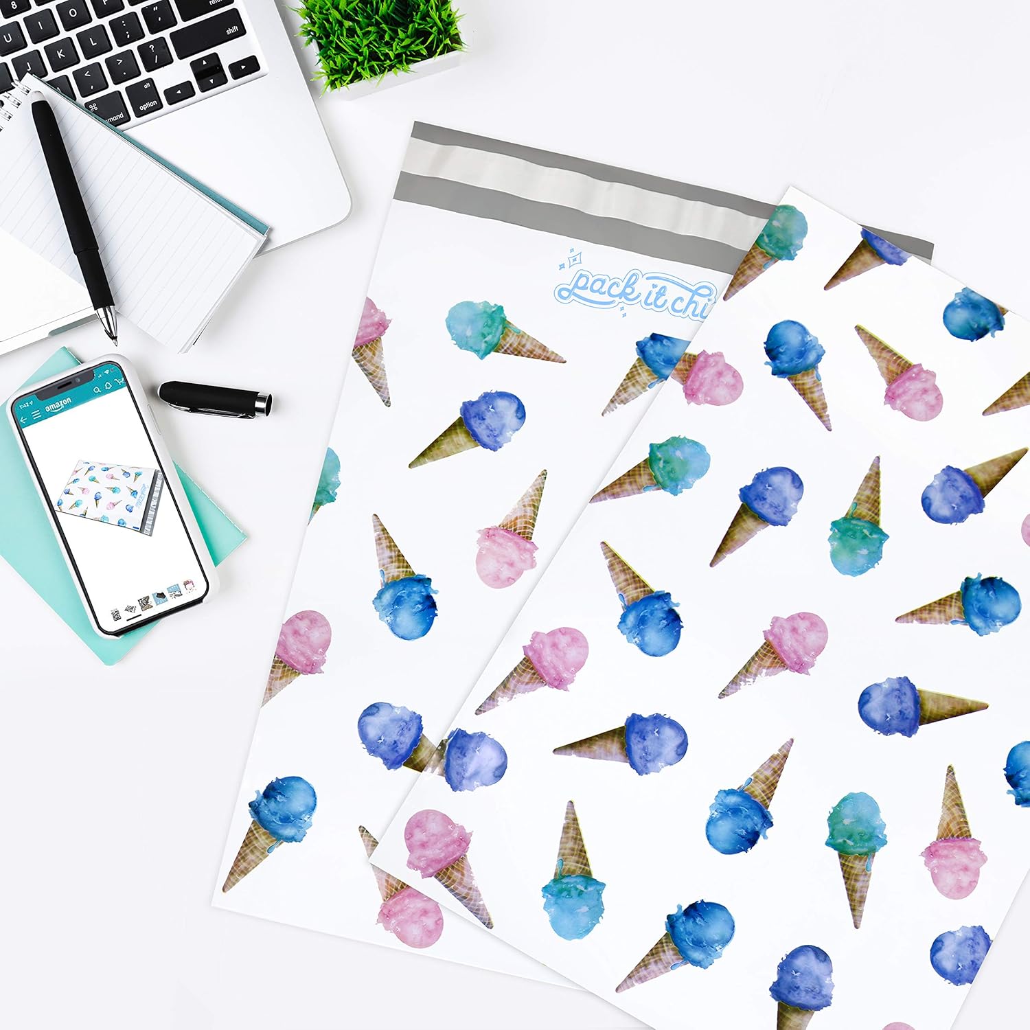 Pack It Chic - 10X13 (100 Pack) Ice Cream Pattern Poly Mailer Envelope Plastic Custom Mailing & Shipping Bags - Self Seal (More Designs Available) : Office Products