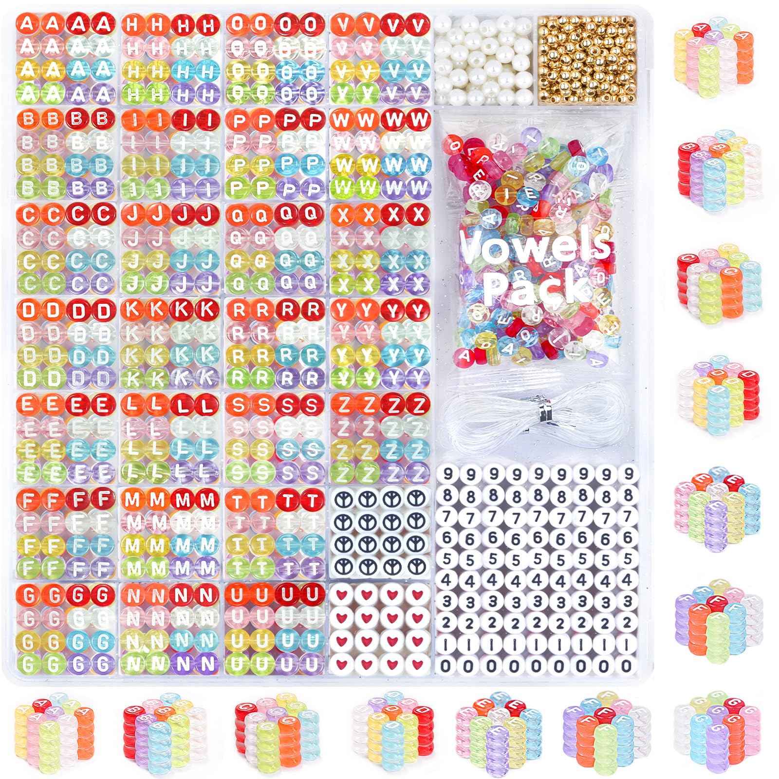 DodoBeads 1650 Pcs Colored Letter Beads with Extra Vowels, Numbers, Spacers, Bracelets, Clear Beads