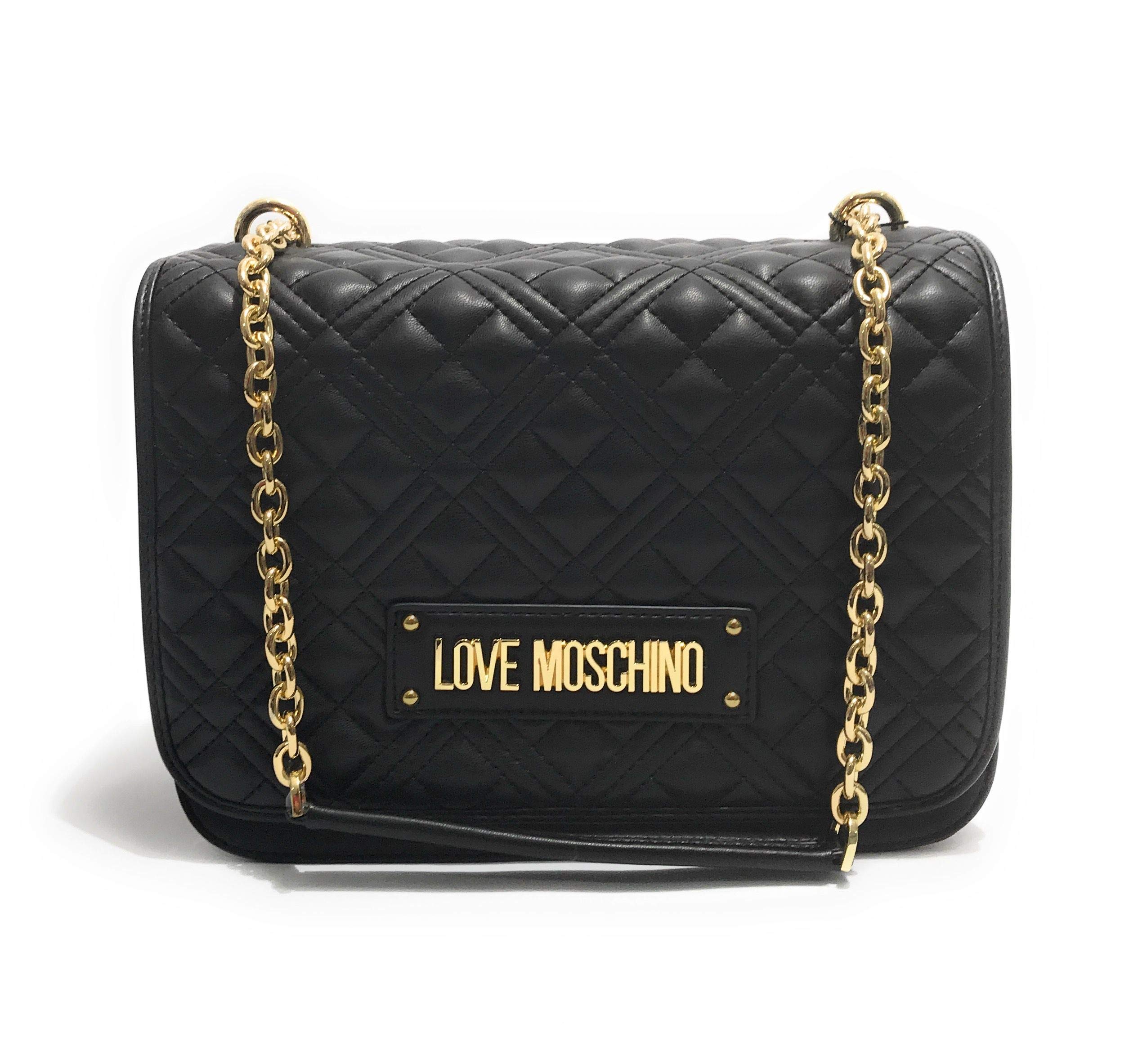 Love Moschino Women’s SS21 New Shiny Quilted PU Women's Shoulder Bag, Black, Normal