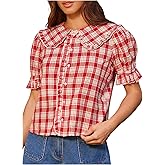 SweatyRocks Women's Button Down Blouse Frilled Collar Plaid Puff Short Sleeve Shirts