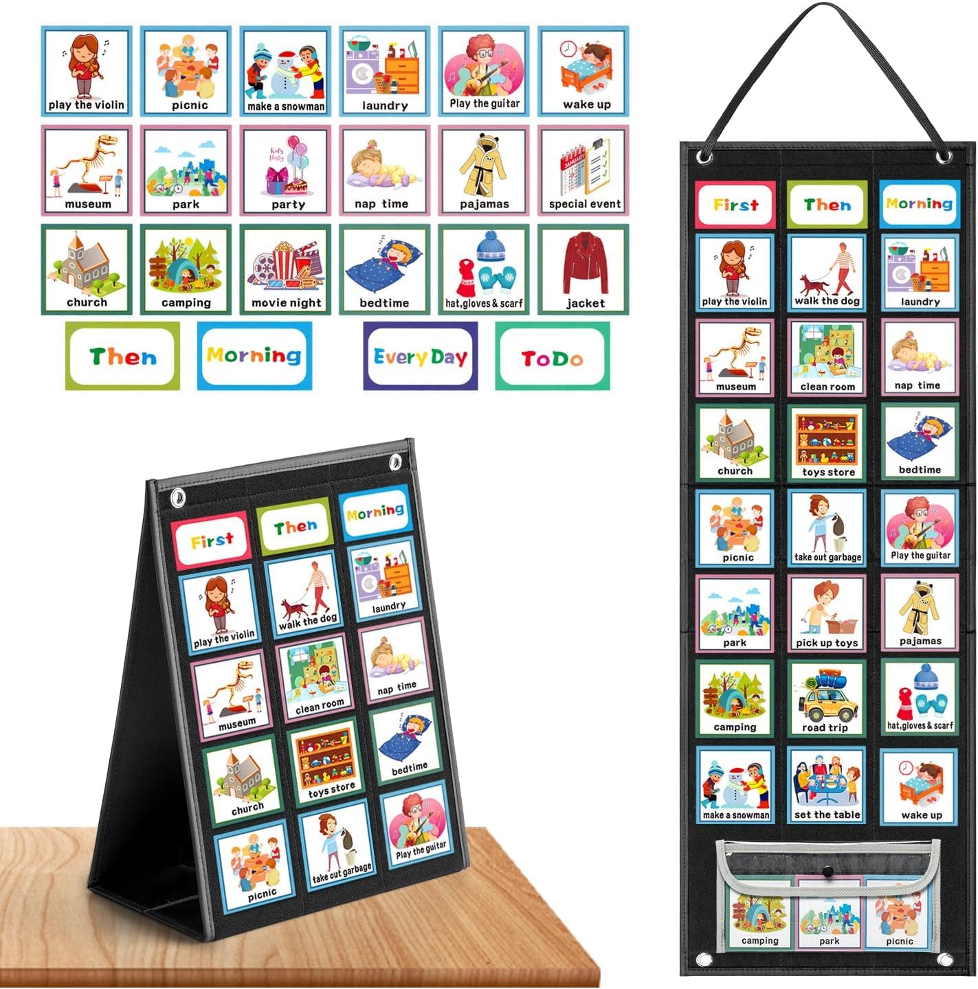 ANSTROUT Large Black Visual Schedule Chart for Kids Chore with 92 Pcs Cards, Visual Behavioral Routine Tool for Toddlers, Daily Schedule Board Autism Learning Materials for Classroom Home