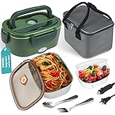 SOHIDA 2025 Upgraded 80W Heated Lunch Box with Insulated Bag, 1.5L SS Container with Lid & 0.45L Fruit Box Electric Lunch Box for Adults, 12V/24V/110V Portable Food Warmer for Home/Car/Truck (Green)