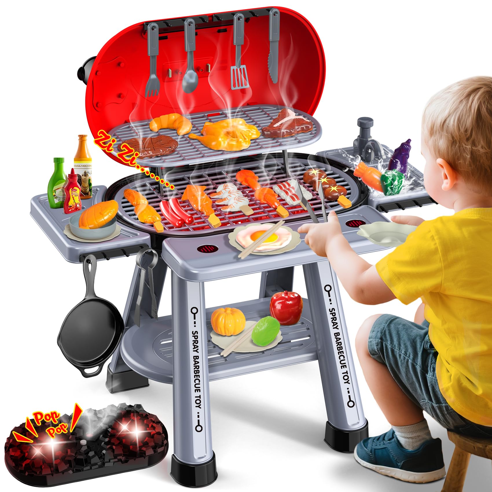 Photo 1 of Kids Play Kitchen Toys Set: 68-Piece Pretend Grill BBQ Toy with Real Smoke, Sizzling Sound & Lights, Outdoor Cooking Set for Toddlers Ages 3-8, Birthday Gift for Boys & Girls