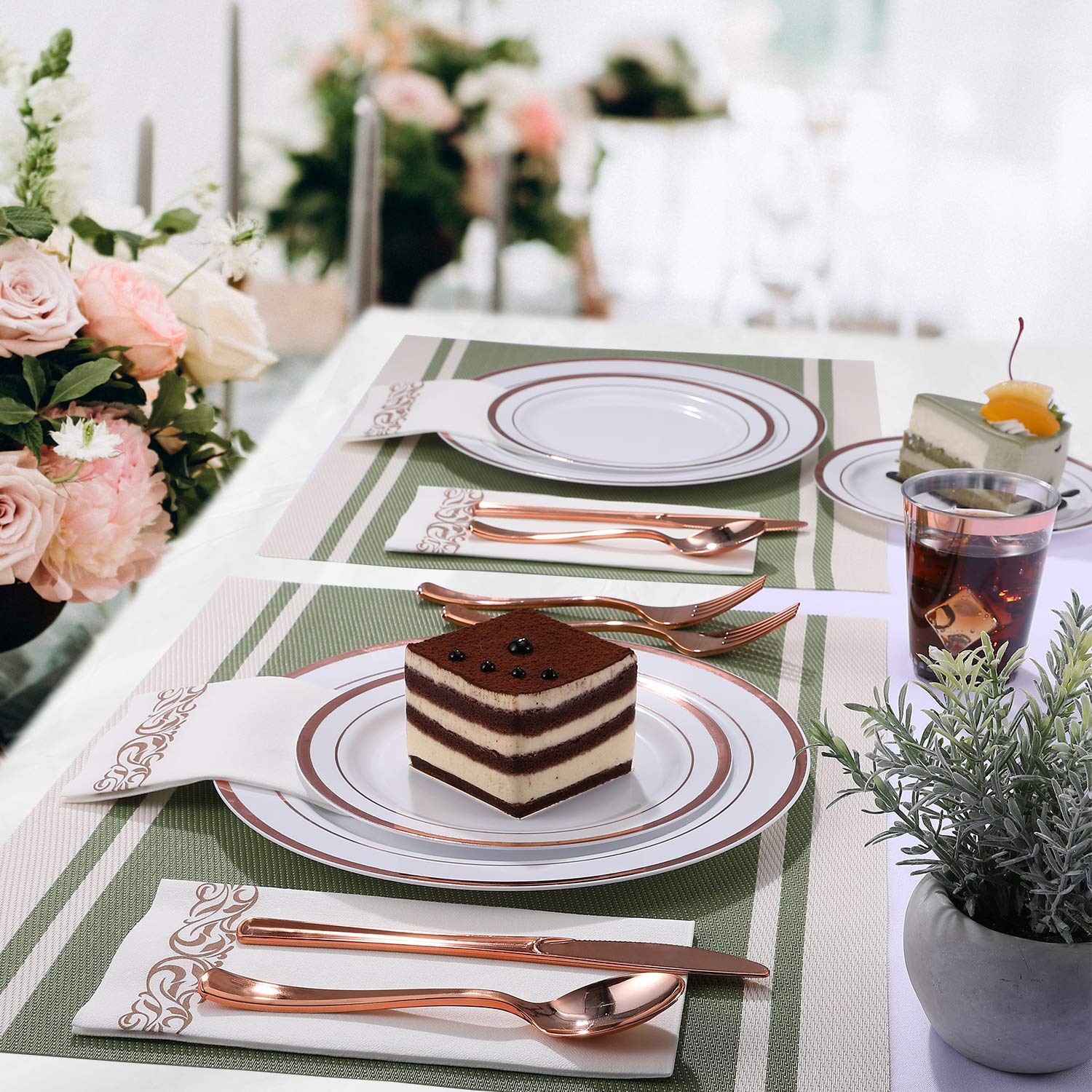FOCUS LINE 350 Piece Disposable Rose Gold Dinnerware Set for Party or Wedding-100 Plastic Plates - 50 Plastic Silverware - 50 Plastic Cups - 50 Linen Like Rose Gold Paper Napkins(50 Guest)