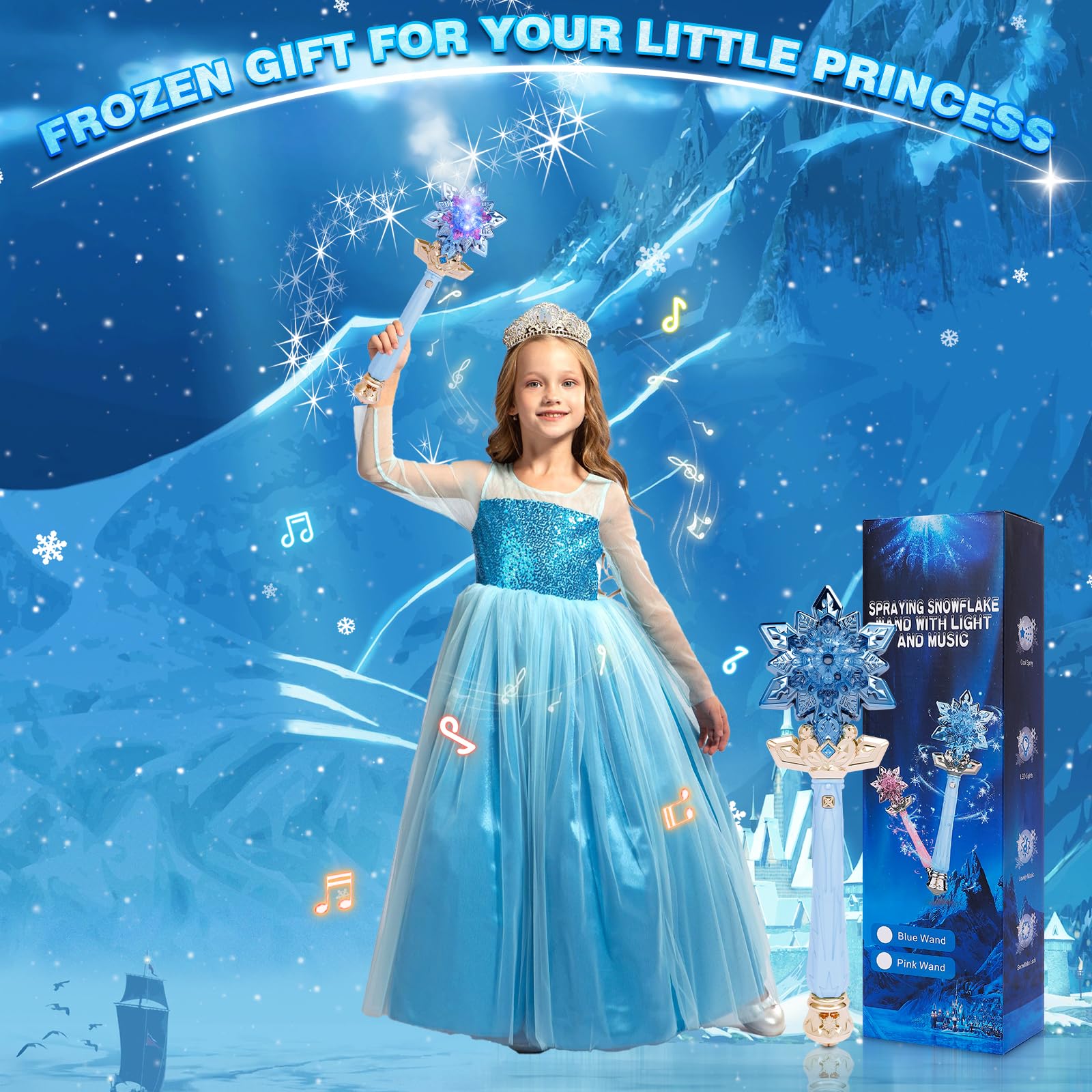 CharmRegion Snowflake Toy Wand with Music Spray Light Up Wands for Kids Girls Princess Cosplay Birthday Party Favors, Blue