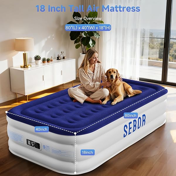 SEBOR AIR MATTRESS TWIN WITH BUILT-IN PUMP 18″, COMFORTABLE SELF-INFLATING AIR MATTRESS WITH HIGH-SPEED PUMP, DURABLE BLOW UP MATTRESS TWIN WITH STORAGE BAG FOR GUESTS, CAMPING, TRAVEL