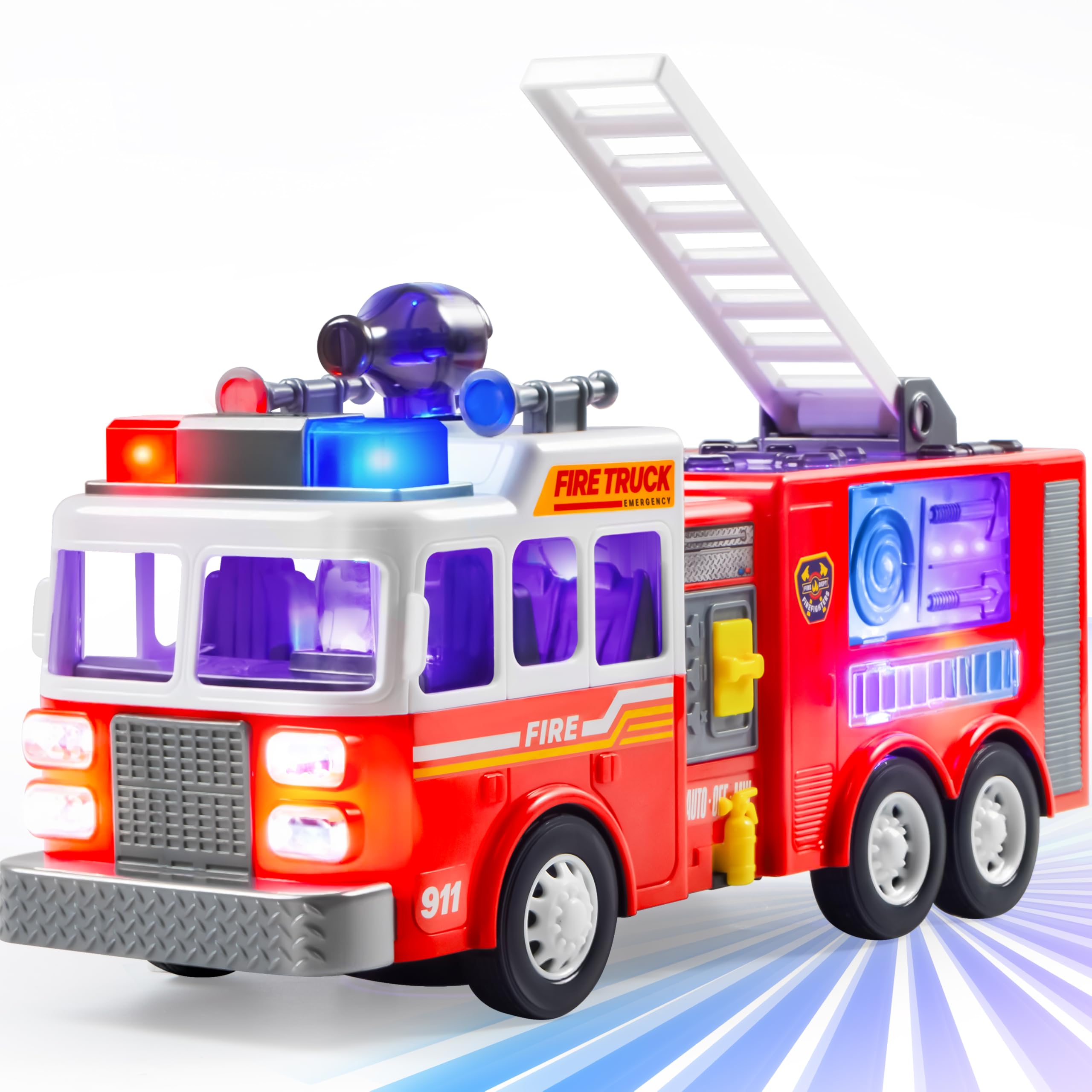 Photo 1 of JOYIN LED Fire Truck Toy for Toddlers - LED Projections & Sirens, Bump and Go Fire Engine Trucks with Mode Switch & Volume Control, Boys&Girls Firetruck, Kids Birthday