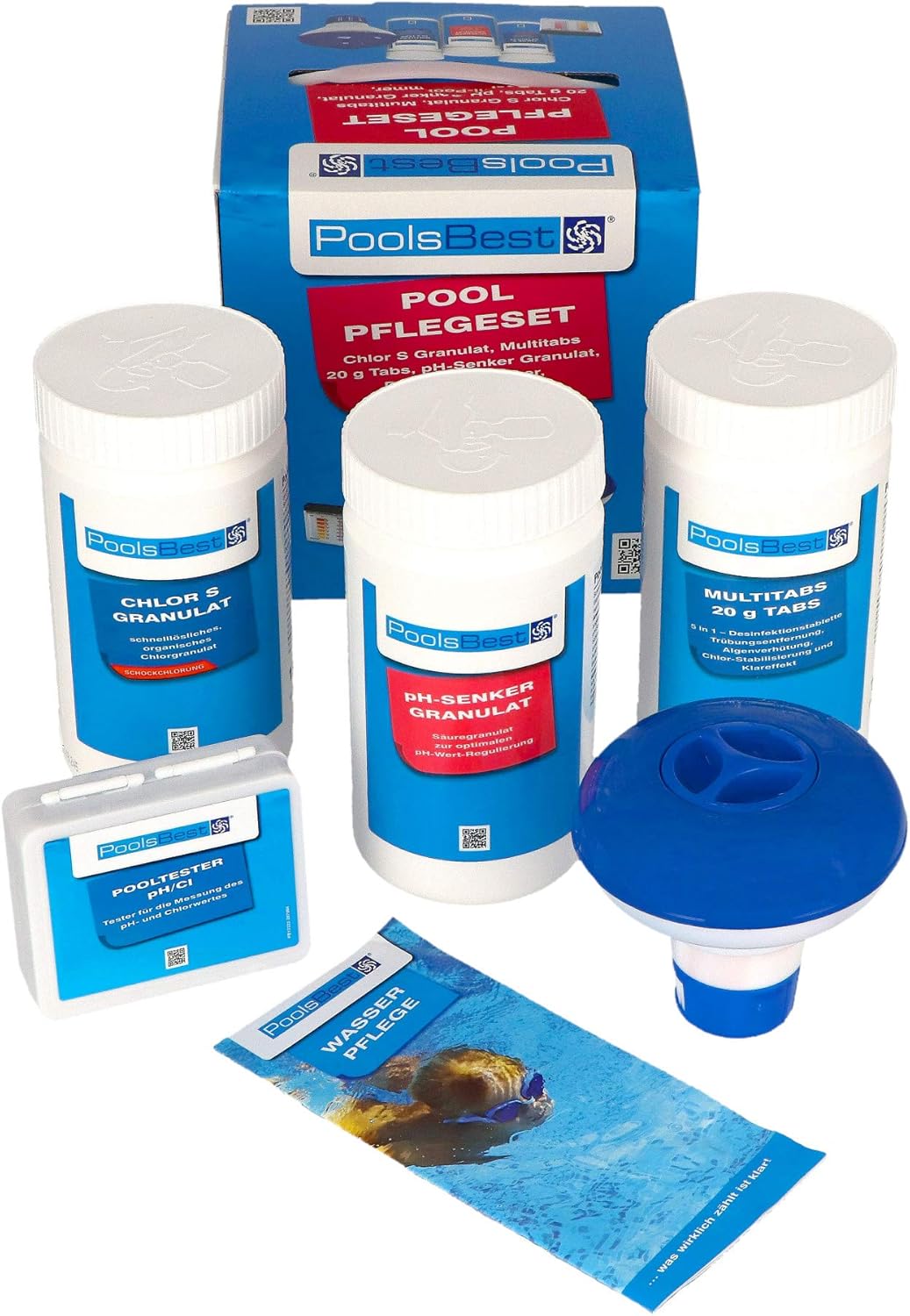 POOLSBEST® Pool Starter Set 5 in 1 für Pool-Anfänger - Reinigungsset mit Anleitung - perfektes Zubehör für Pool Einsteiger