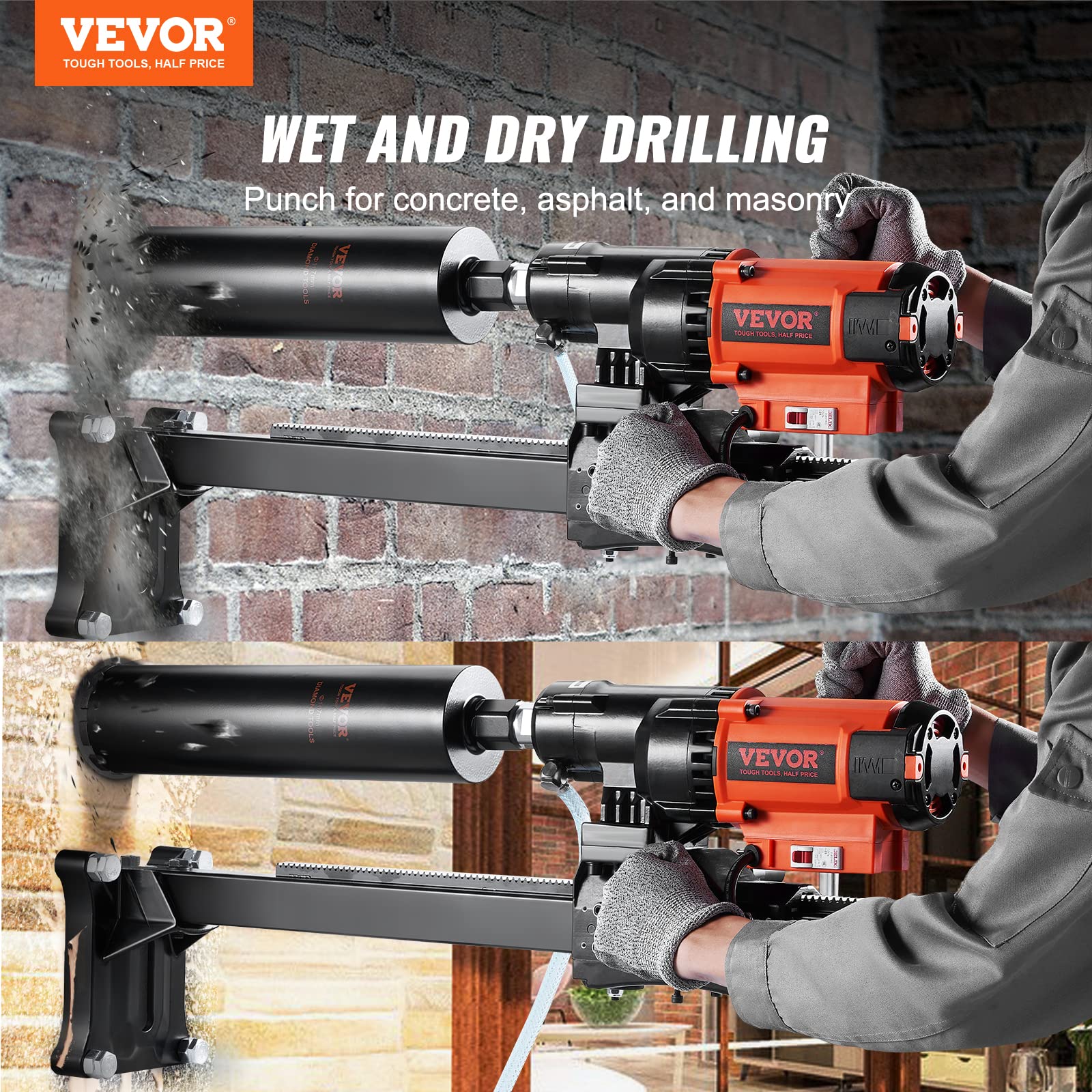 VEVOR Diamond Core Drilling Machine, 8in Wet&Dry Concrete Core Drill Rig with Stand, 750RPM Speed & 1-1/4