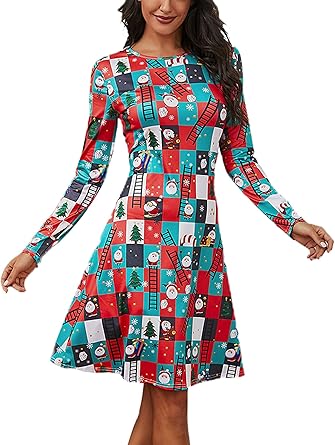 Huyghdfb Women Christmas Red Dress Long Sleeve Round Collar Santa Claus And Snowflake Plaid Pattern One Piece Drsses Amazon Co Uk Clothing