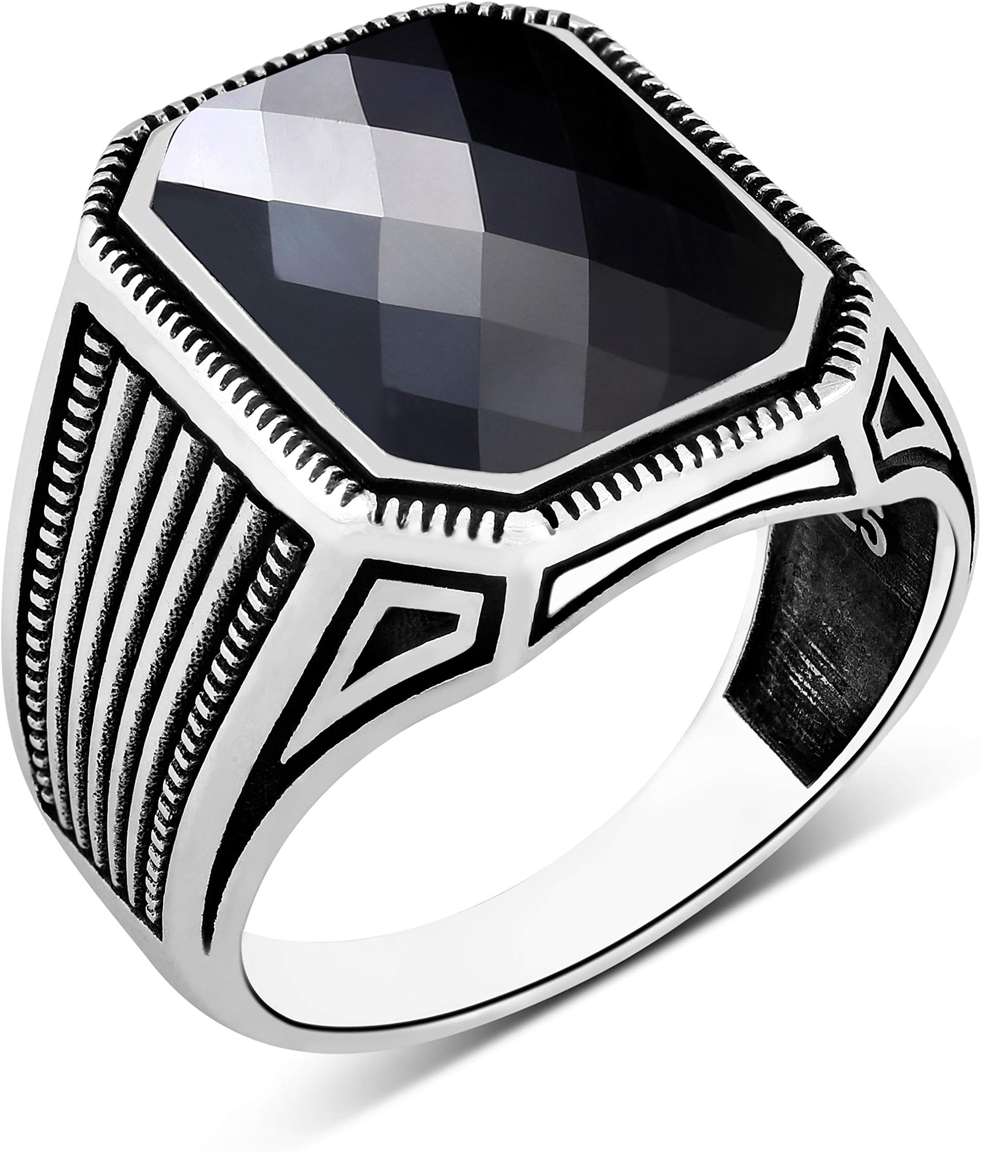 Mens Solitaire Silver Rings 925 Sterling Men's Jewelry with Black Cubic Zirconia Stone Striped Design
