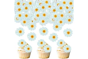 KEAZIU 40PCS Edible Daisy Cupcake Toppers Edible Wafar Paper Spring Bridal Engagement Baby Shower Birthday Party Cupcake Picks Anniversary Party Decorations Supplies White1