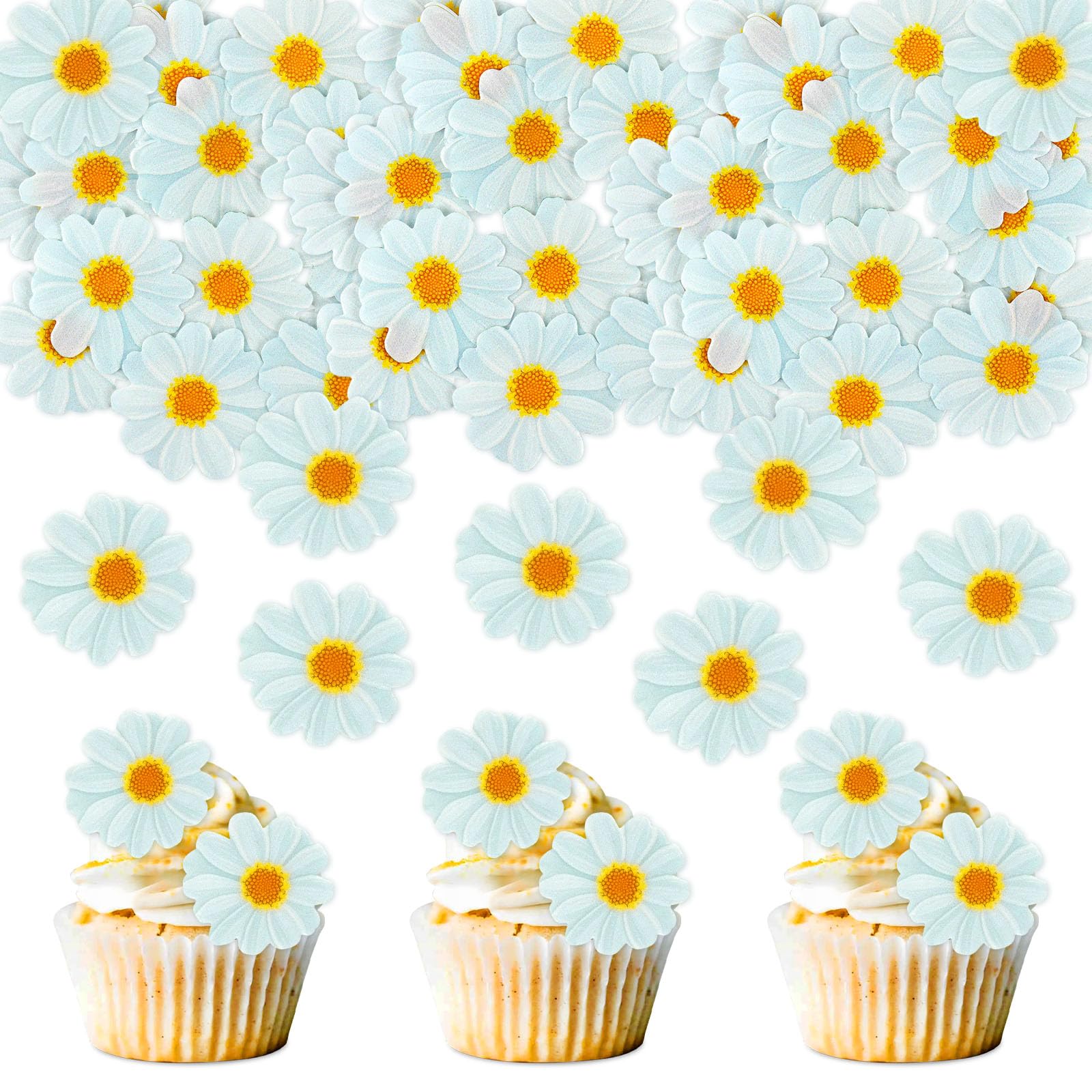 Photo 1 of 40PCS Edible Daisy Cupcake Toppers Edible Wafar Paper Spring Bridal Engagement Baby Shower Birthday Party Drink Toppers Anniversary Party Decorations Supplies White1