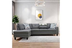 ChicFurnit L Shaped Sectional Couch, Modern Nailhead Lounge Sofa, Modular Sectional Sofa with Reversible Cup Holder & Chaise for Living Room Apartment Office Furniture Sets, Grey