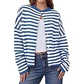 IPMQ Womens Striped Cardigans Lightweight Casual Button Up Sweaters Long Sleeve Loose Knit Cardigan Sweater Fall Winter