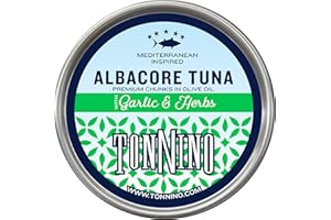 Tonnino Tuna Fish Albacore - Premium chunk in olive oil with Garlic & Herbs – Pack of 12 – Alternative to Salmon – Protein Snacks – Ready to Eat Meals