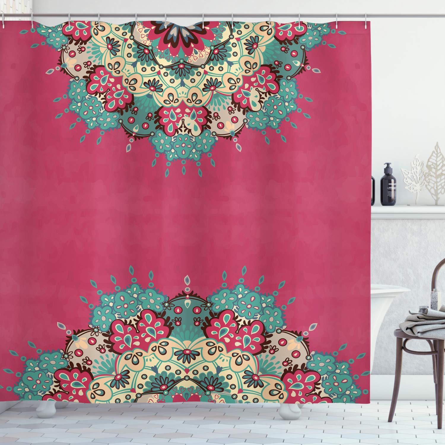 ABAKUHAUS Mandala Shower Curtain, Eastern Floral Motifs in Half Boho Traditional Frame on Pink Background, Cloth Fabric Bathroom Decor Set with Hooks, 78 Inches, Dark Coral Cadet Blue — image 1