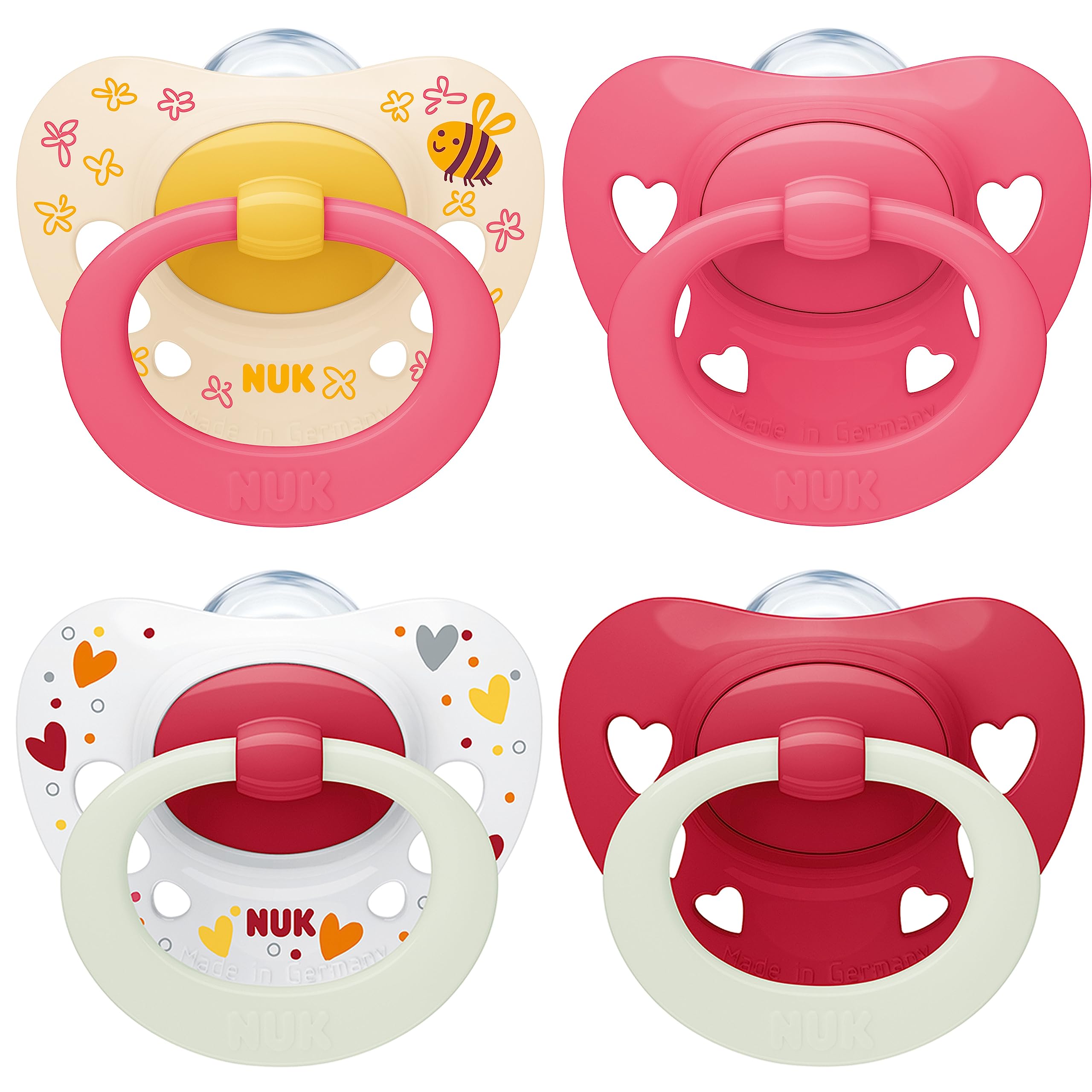 NUK Signature Day & Night Baby Dummy | 6-18 months | Soothes 95% of Babies | Heart-Shaped BPA-Free Silicone Soothers | Glow-in-the-Dark | Hearts | 4 Count — image 1