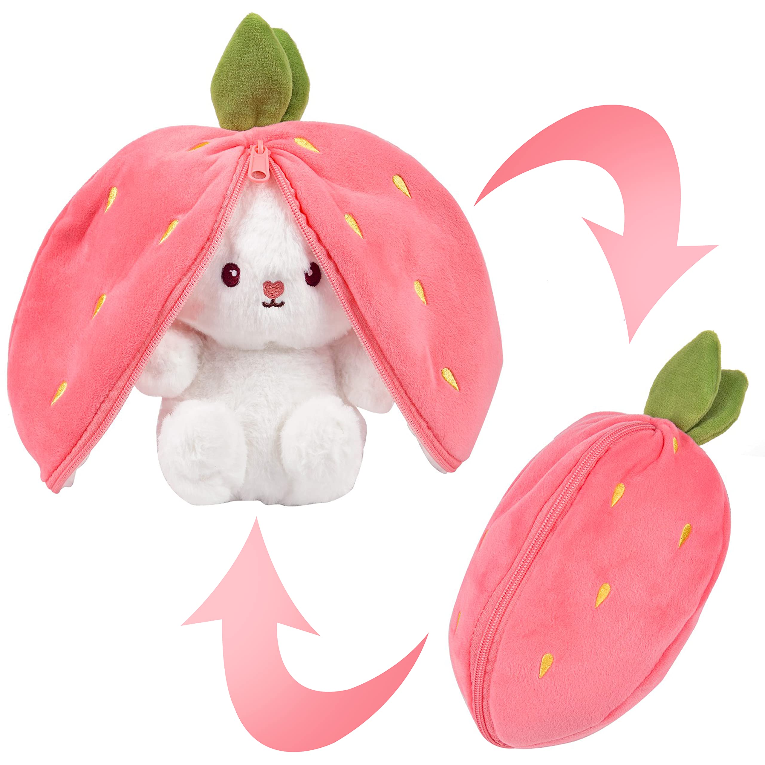 Vibbang Easter Plush Bunny Toy, Reversible Carrot Strawberry Pillow With Zipper, Cute Plushies Doll, Stuffed Animals Rabbit Muppet Toys for Boys Girls Kids Adults (Pink)