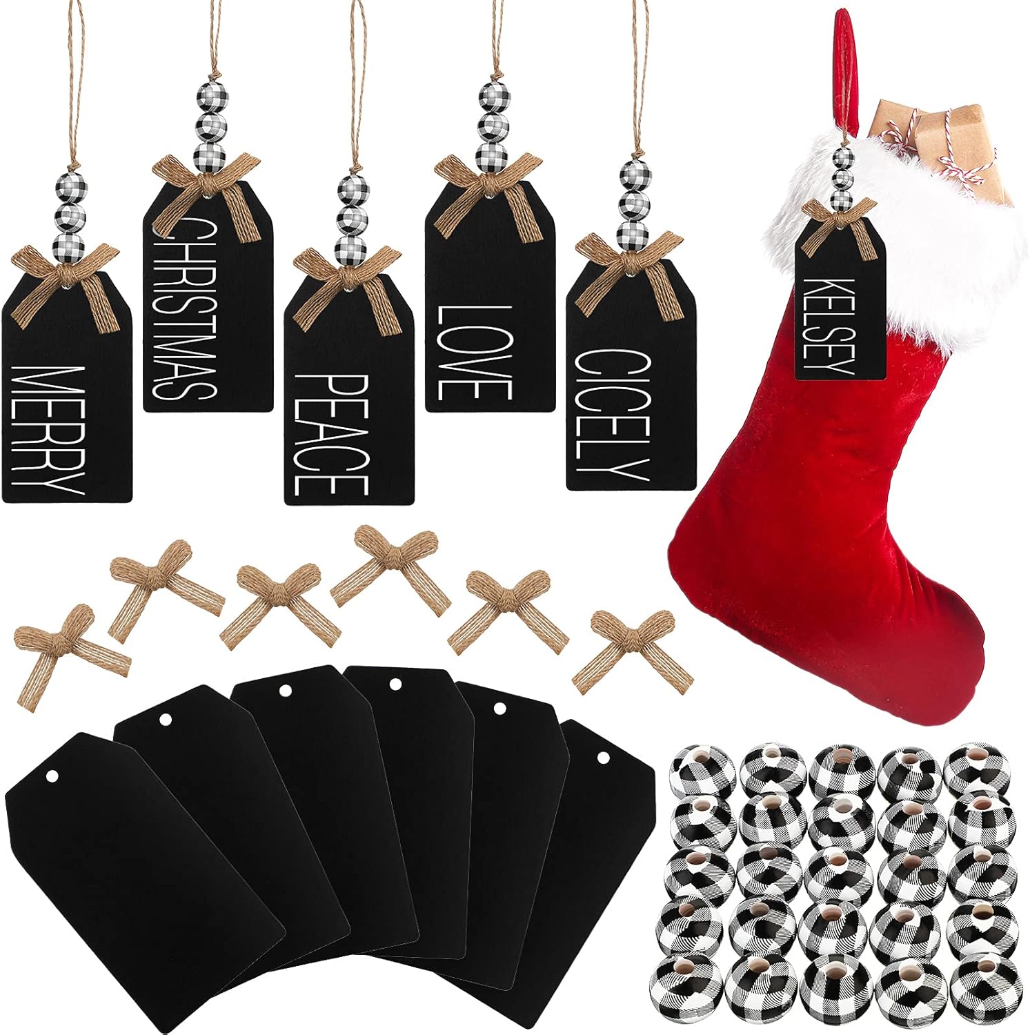 Stockings & Holders - 12 Set Christmas Stocking Name Tags Including Chalkboard Tags Wood Beads and Bow, DIY Name Sign Christmas Ornaments for Christmas Stockings Home Farmhouse Decor (Black and White Plaid, 4.5 x 2.6 Inch)