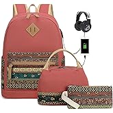 FADOVYE School Backpack for Teen Girls Kids Women, Waterproof Laptop Backpack with USB Charging Port, Water Resistant College Bookbag with Lunch Bag Pencil Case, Bohemian