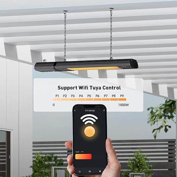 CEILING ELECTRIC OUTDOOR HEATER WIFI CONTROL WALL-MOUNTED HANGING PATIO 1500W INFRARED 9 HEAT LEVELS, 24H TIMERS, CARBON FIBER TUBE HEATING WALL HEATER FOR GAZEBO, BALCONY