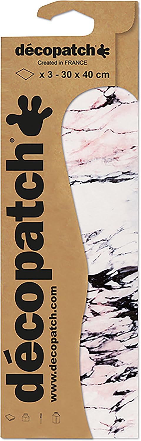 Décopatch, Ref C792C, White, Pink & Black Marble Effect Paper Pack, Each Sheet 30 x 40cm, Pack of 3 Paper Sheets