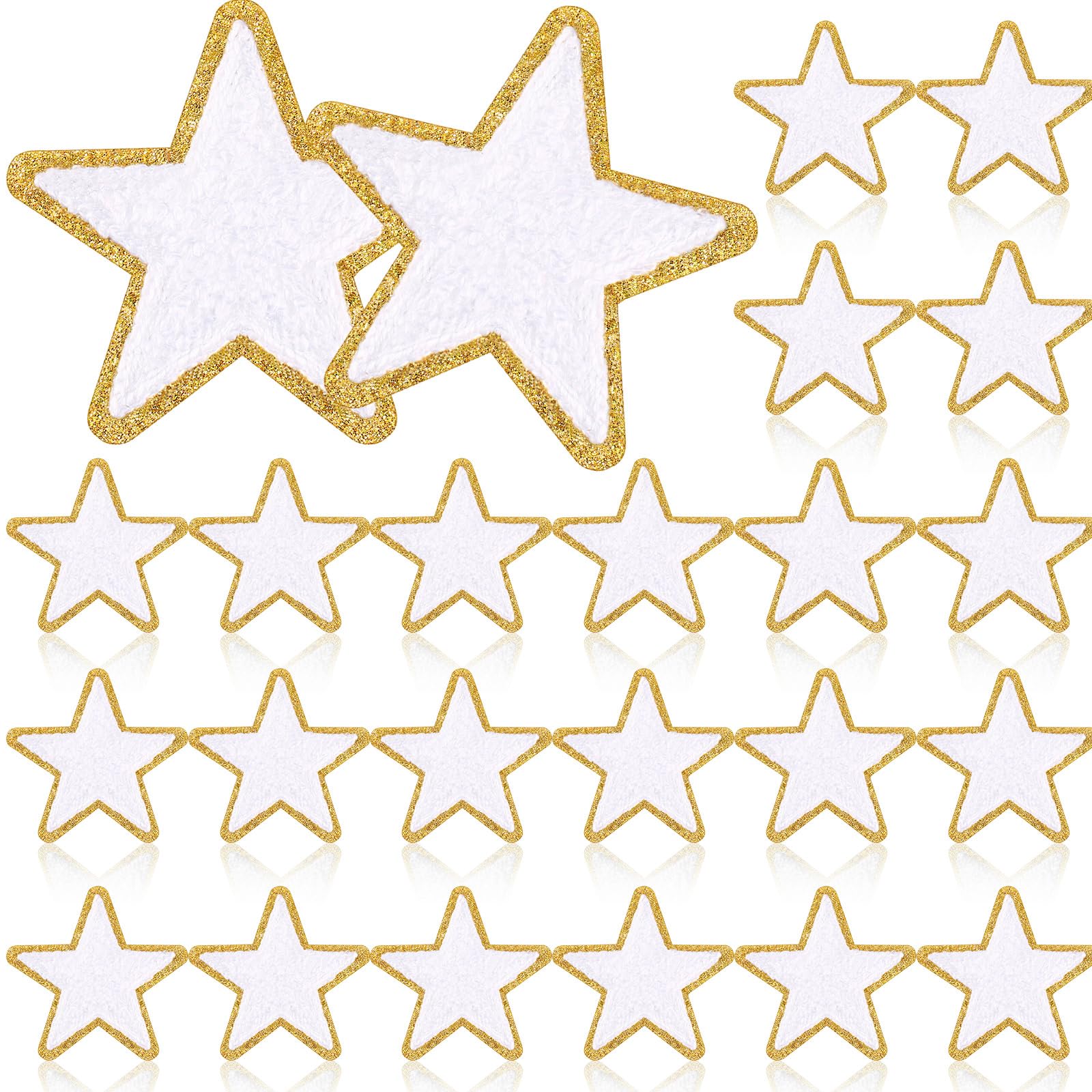 Photo 1 of Jexine 32 Pieces Chenille Star Patches Self Adhesive Small Star Fabric Stickers Patches DIY Sewing Embroidered Appliques for Christmas Clothes Clothing, 2.36 Inch(White)