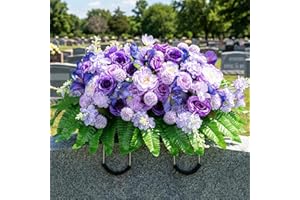 Memobloom Cemetery Flower Saddles for Headstones: Purple Flowers Artificial Outdoors Grave Decorations Spring Easter Memorial