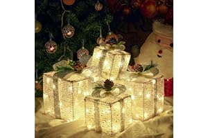 BSTGE Christmas Lighted Gift Boxes, Set of 4 Christmas Decorations, Battery Operated Xmas Present Boxes, Warm White LED with Bows for Indoor Christmas Tree, Yard, Home Decor