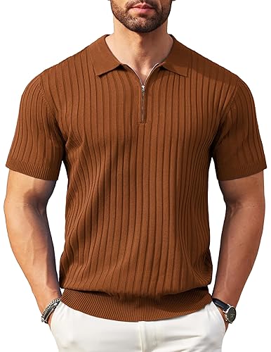 COOFANDY Men's Zipper Polo Shirts Short Sleeve Ribbed Knit Polo T Shirts  Fashion Casual Golf Shirts Brown in Kuwait Whizz Shirts