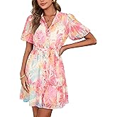 Simplee Womens Floral Short Summer Dresses Casual V Neck Button Down A-Line Tiered Ruffle Boho Mini Dress Trendy Clothes