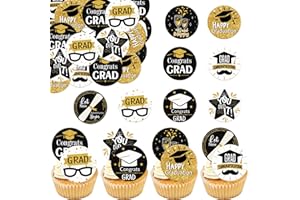 Fyeoxle 36PCS Edible Graduation Cap Cupcake Toppers Wafer Paper Grad Cap Diploma Cake Decorations Edible Grad Cap Cupcake Picks for 2025 Grad Theme Party Cake Decor Supplies (Black)