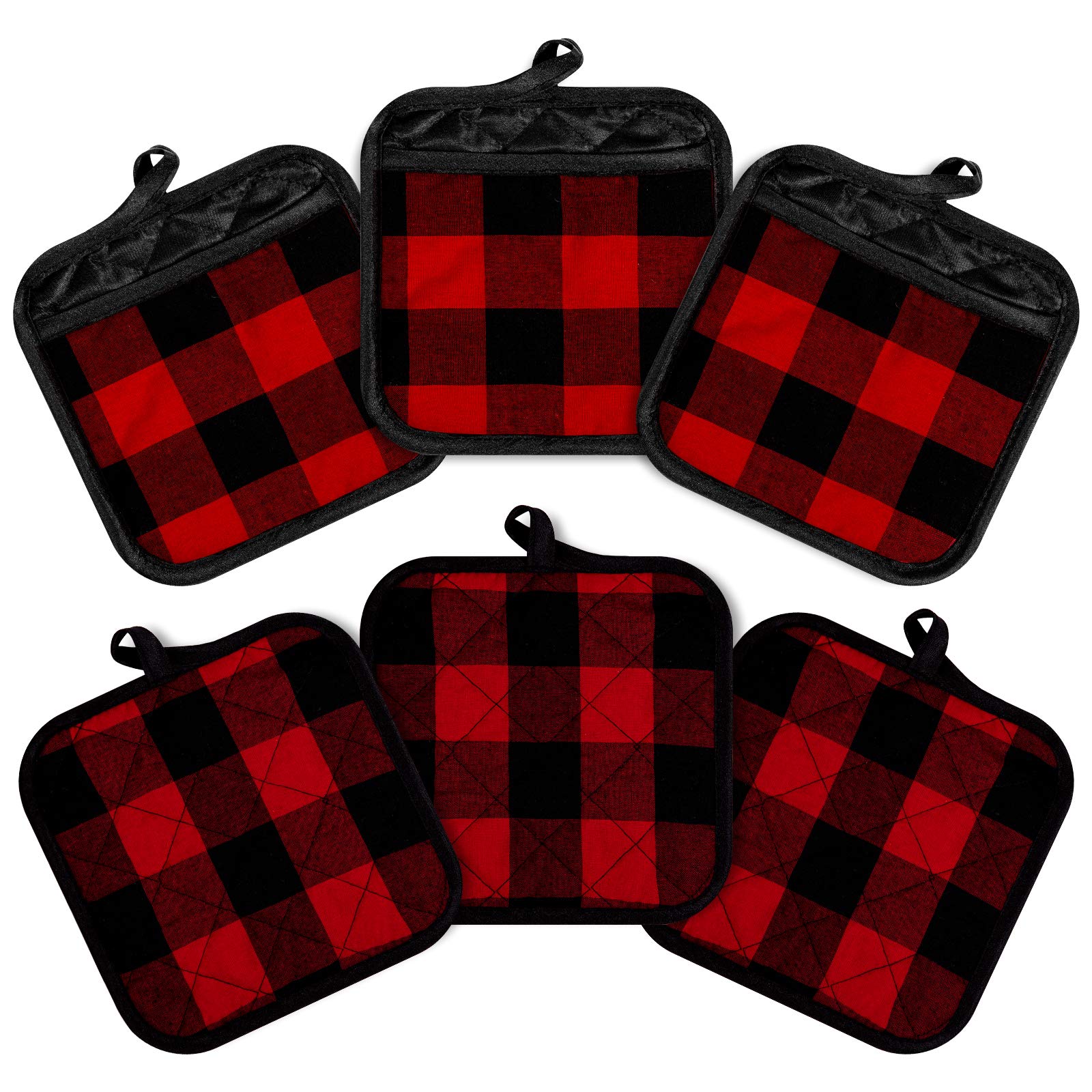 Whaline 6pcs Buffalo Plaid Hot Pot Holders Cotton Hot Pad with Pocket Reusable Heat Resistant Oven Mint for Kitchen Cooking and Baking (Red Black)