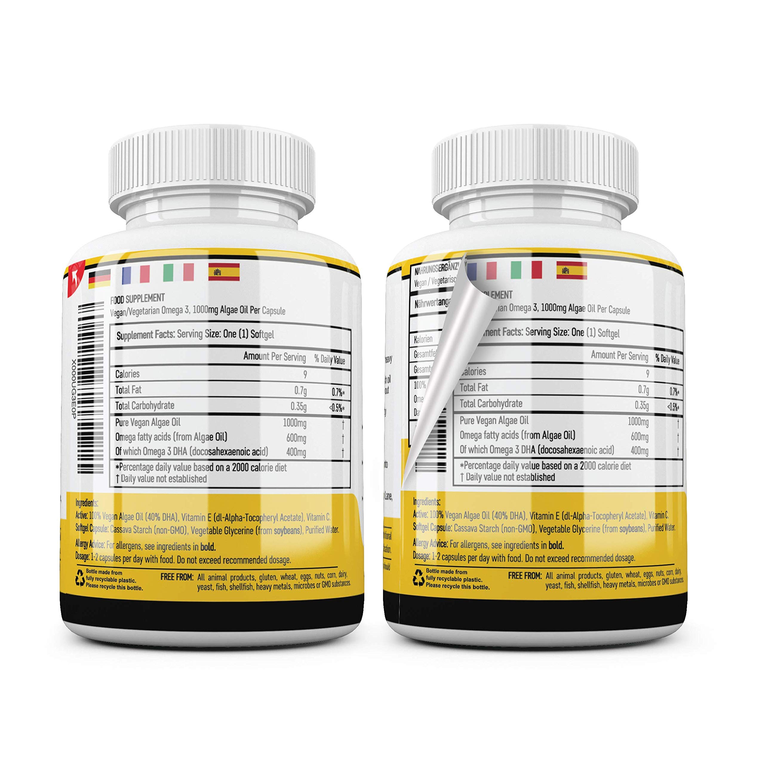 Olio di Alghe Omega 3 Vegan di Vegan Vitality: 400mg DHA per Capsula. 60 Capsule, Fornitura per 2 Mesi. Vitamine Vegetariane Al 100% Vegetali